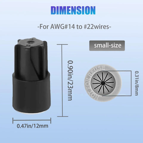 50 Pack Waterproof Wire Nut Connectors Set For Outdoor Lighting And Irrigation Valves, dimensions and small-size label