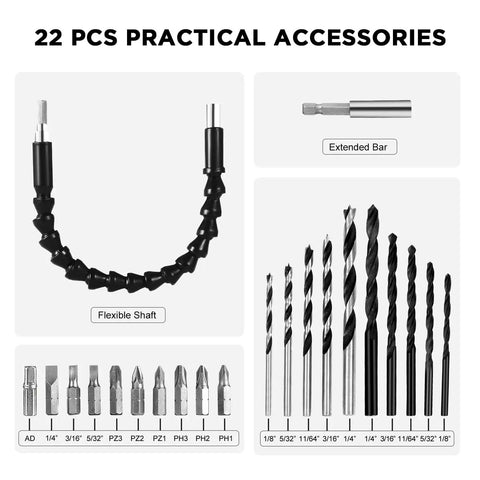 22 piece accessory set for Heavy Duty 20 Volt Max Lithium Ion Cordless Drill Kit, including flexible shaft and various drill bits.