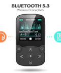 64GB MP3 Player With Clip For Sports A65 Bluetooth 5 Point 3 Music Player With Pedometer on display screen showing song details.