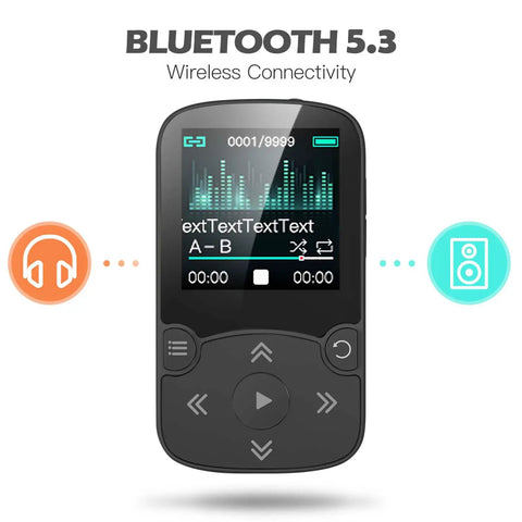 64GB MP3 Player With Clip For Sports A65 Bluetooth 5 Point 3 Music Player With Pedometer on display screen showing song details.