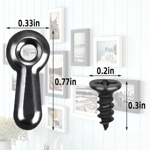 Close-up of metal picture-frame hardware: black turn-button fastener and screw for frame assembly.
