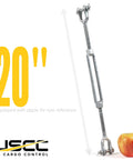 Rock Solid Jaw And Jaw Turnbuckles 500 Pack 1/2 X 6 Inch Hot Dipped Galvanized Heavy Duty UNC Thread Rigging Hardware displayed next to an apple for size reference.