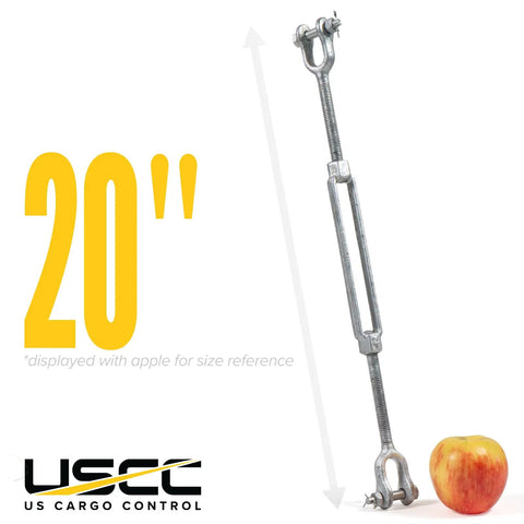 Rock Solid Jaw And Jaw Turnbuckles 500 Pack 1/2 X 6 Inch Hot Dipped Galvanized Heavy Duty UNC Thread Rigging Hardware displayed next to an apple for size reference.