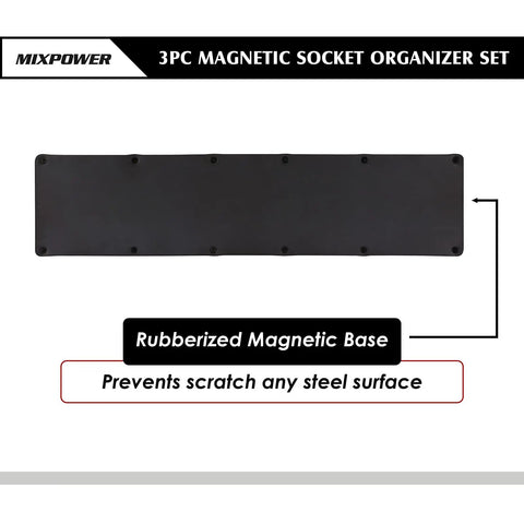 Rubberized magnetic base of the Magnetic Socket Organizer Tray Set For One Quarter, Three Eighths, And One Half Inch Drive Sockets, 75 Slot Capacity, Heavy Duty Blue Holder, Metric 3 Piece Set, Works With Deep And Shallow Sockets, Keeps Your Gear Space Neat And Ready