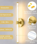 Two Pack Brass Gold Vanity Light Bar Set For Bathroom LED Wall Sconces Over Mirror Dimmable 3000K 4000K 5000K with details