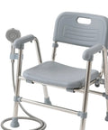Shower chair with 2 Pack Shower Head Holders For Shower Chairs And Bath Stools Universal Hand Shower Hose Clip attached, gray seat