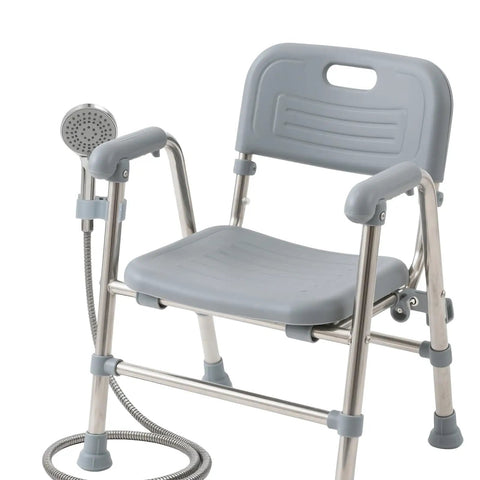 Shower chair with 2 Pack Shower Head Holders For Shower Chairs And Bath Stools Universal Hand Shower Hose Clip attached, gray seat