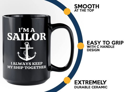 15Oz Black Sailor Coffee Mug My Ship Together Funny Boating Gift For Boaters with anchor design