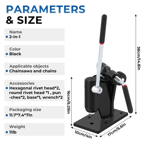 2 In 1 Chainsaw Chain Breaker And Rivet Spinner Tool in black with size dimensions, portable lightweight repair kit for chainsaws