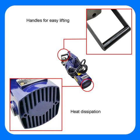 RC-32 Badass Portable Hydraulic Rebar Ripper 110V 3000W Electric Steel Bar Saw with handles and heat dissipation details.
