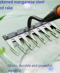 Heavy Duty Carbon Steel Weeding Rake With 5 6 7 8 Teeth for garden weeding and soil prep shown on green marble surface