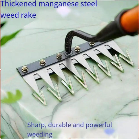 Heavy Duty Carbon Steel Weeding Rake With 5 6 7 8 Teeth for garden weeding and soil prep shown on green marble surface