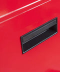 Red side panel of Rolling Garage Workshop Tool Organizer With Detachable Four-Drawer Chest Large Storage Cabinet And Adjustable Shelf