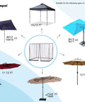 Heavy Duty Mosquito Net For 10x10 Patio Umbrellas And Gazebos Black Polyester Net Screen With Drawstring Top Fits 10x10 Square Or 10 To 13 Ft Round Canopies Tall Adjustable To Seven And A Half Feet High Density Mesh product size compatibility chart.