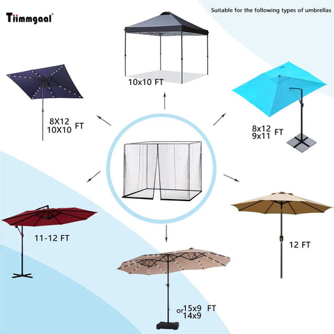 Heavy Duty Mosquito Net For 10x10 Patio Umbrellas And Gazebos Black Polyester Net Screen With Drawstring Top Fits 10x10 Square Or 10 To 13 Ft Round Canopies Tall Adjustable To Seven And A Half Feet High Density Mesh product size compatibility chart.