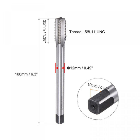 Pro Grade 5/8-11 UNC HSS Thread Milling Tap with 4 straight flutes, right hand threading, 6.3 inch, labeled dimensions