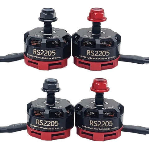 Four High Performance Brushless Motor RS2205 2300KV CW CCW For FPV Racing Quadcopter shown in black and red housing