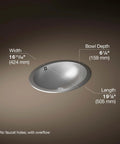 Diagram of Bachata Stainless Steel 20 Inch Oval Lavatory Sink With Overflow Drop In Or Undermount Design showing dimensions.