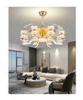 Eight Head K9 Crystal Ceiling Fan Light With Zero Hassle Remote Controlled Tricolor LED Glow and Quiet Spinning Blades in elegant living room.