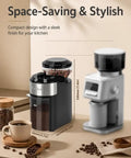 Premium Electric Burr Coffee Grinder With 28 Precision Settings And Anti Static Build in compact design on kitchen counter.