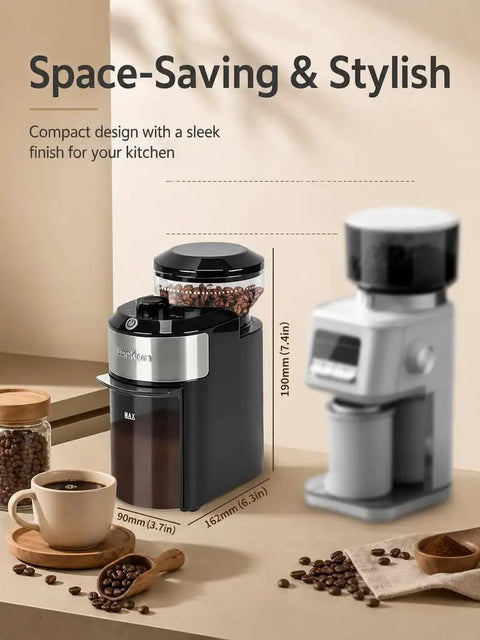 Premium Electric Burr Coffee Grinder With 28 Precision Settings And Anti Static Build in compact design on kitchen counter.