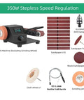 350W Multifunctional Electric Belt Sander And Polishing Machine With Knife Sharpener, speed regulation features and accessories.