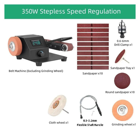 350W Multifunctional Electric Belt Sander And Polishing Machine With Knife Sharpener, speed regulation features and accessories.