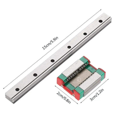 Miniature Linear Rail With Slide Block 12mm Wide For Pro Grade Precision Motion Available In 100mm 150mm 200mm 300mm And 450mm Lengths Built In Lubrication System 4 Point Load Bearing For Rock Solid Smooth Long Lasting Performance, showing rail and block dimensions.