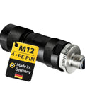 M12 L Coded 4 Plus FE Unshielded Power Cable Connector IP67 for 8 to 13mm Cables, Screw On M12 Thread, Industrial Grade, Field Ready Rugged Waterproof IP Rated, DIN EN IEC 61076-2-111 Compatible, black connector with metal thread