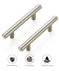 Two stainless steel 5 inch brushed nickel cabinet pulls with scratch resistance, anti-fingerprint, oleophobic coating icons shown.