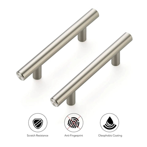 Two stainless steel 5 inch brushed nickel cabinet pulls with scratch resistance, anti-fingerprint, oleophobic coating icons shown.