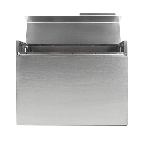 Front view of modern wall mounted mailbox in rust resistant stainless steel built for outdoor use with open lid.