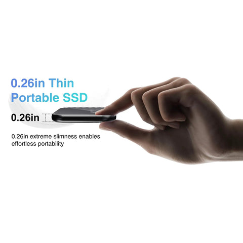 Hand holding 0.26in thick MagSafe Compatible 1TB Magnetic External SSD For iPhone And Mac, Ultra Fast 2000 MB/s Transfer