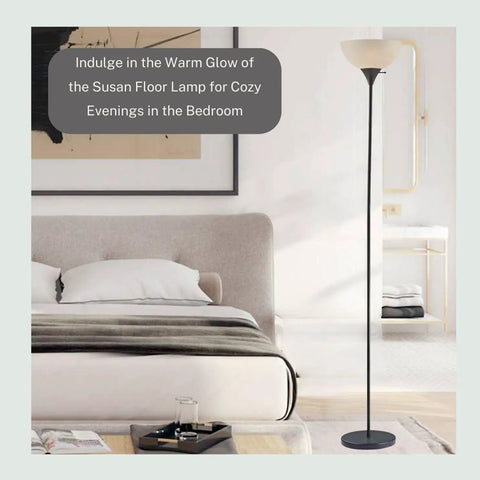 Dope Modern Black Floor Lamp With White Opal Bowl Shade, 72 Inch Tall Corner Light in a modern bedroom setting