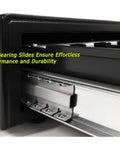 Close-up of Heavy Duty 18 Inch POS Cash Drawer With Stainless Front And Ball Bearing Slides, Holds 5 Bills And 8 Coins, Removable Coin Tray.