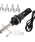 110V Portable Heat Gun For Desoldering And Soldering With Adjustable Air Flow And Temperature, Pro Grade Hot Air Rework Station Kit With Nozzles For Electronics Repair And Crafting Projects shown with nozzles and accessories.