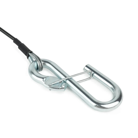 Beefed Up Trailer Brake Hydraulic Surge Actuator Breakaway Cable Assembly, S-hook tow attachment, 3/32 in cable, close-up view