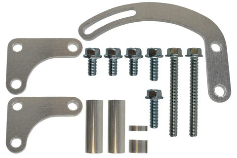 SBC Alternator Power Steering AC Bracket Kit For Long Water Pump V Belt System components and hardware on display