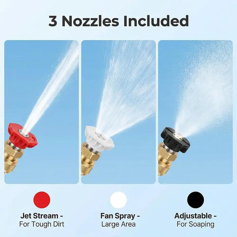 Three spray nozzles close-up for Beefy Heavy Duty Hose Sprayer With 3 Interchangeable Nozzles, Brass Connector Power Washer Wand.