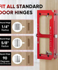 Pro Grade Aluminum Alloy Door Hinge Jig Template Kit for Precise Installation displayed with radius and square hinge options.