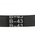 Close-up of 43 Inch Inner Length B Section Rubber Drive Belt for V Belt Systems Neoprene Construction showing B-43 marking.