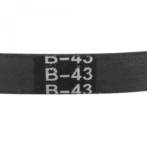 Close-up of 43 Inch Inner Length B Section Rubber Drive Belt for V Belt Systems Neoprene Construction showing B-43 marking.