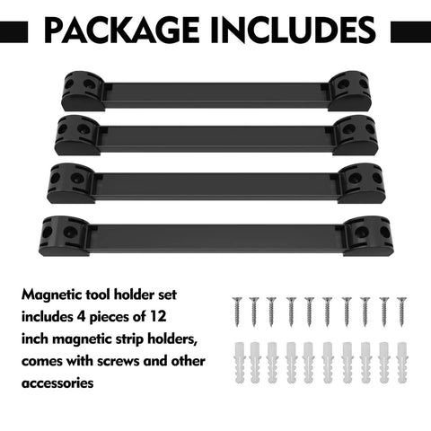 Image of 12 Inch Magnetic Tool Holder Strips Set of 4 for Garage Organization PVC Coated Magnetic Storage Bars with screws and anchors.