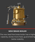 Side view of a new lead-free brass boiler for espresso machines, designed for higher capacity and improved heat storage.