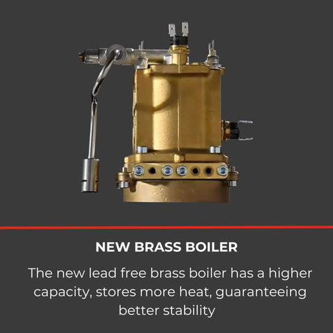 Side view of a new lead-free brass boiler for espresso machines, designed for higher capacity and improved heat storage.