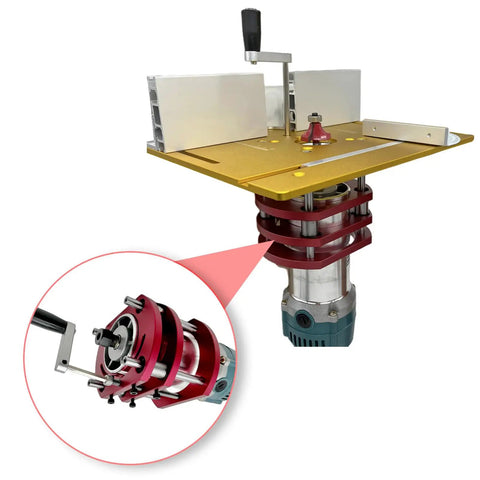 Rock Solid Aluminum Router Lift Precision Milling Table Insert for Woodworking with stainless steel rod and motor mount.