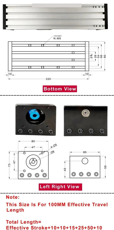 1605 Ballscrew With 300mm Effective Travel For Linear Guide Slide Motion Rail Table Setup showing top, bottom, left, right views and dimensions.