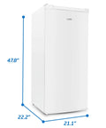 Stand Up Freezer With Reversible Door 5 Cubic Feet upright dimensions 47.8" height, 22.2" width, 21.1" depth in white.