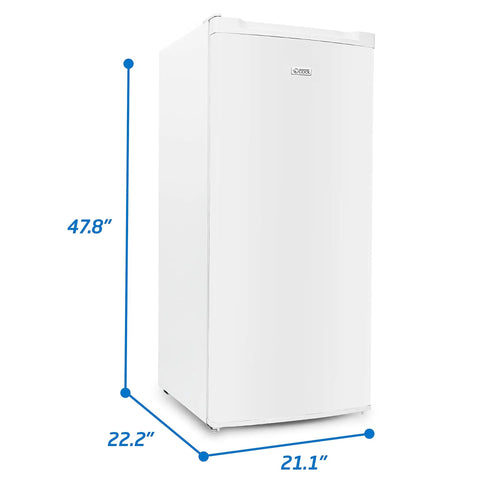 Stand Up Freezer With Reversible Door 5 Cubic Feet upright dimensions 47.8" height, 22.2" width, 21.1" depth in white.