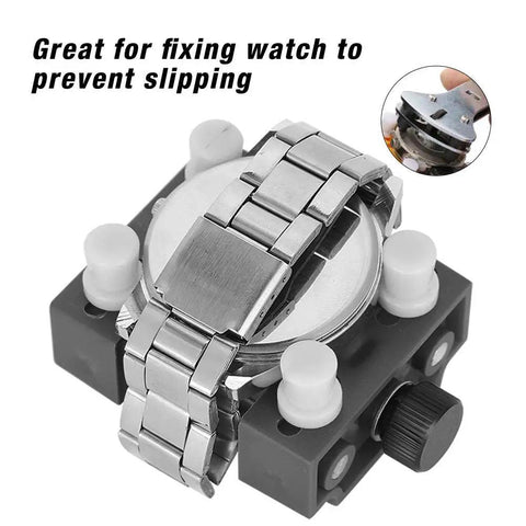 Handy Adjustable Watch Case Holder Vise For Wristwatch Repair, Metal Open Case Tool With Four Removable Pins, Non Slip Grips